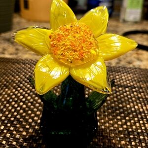 Yellow and Green Glass Flower Figurine